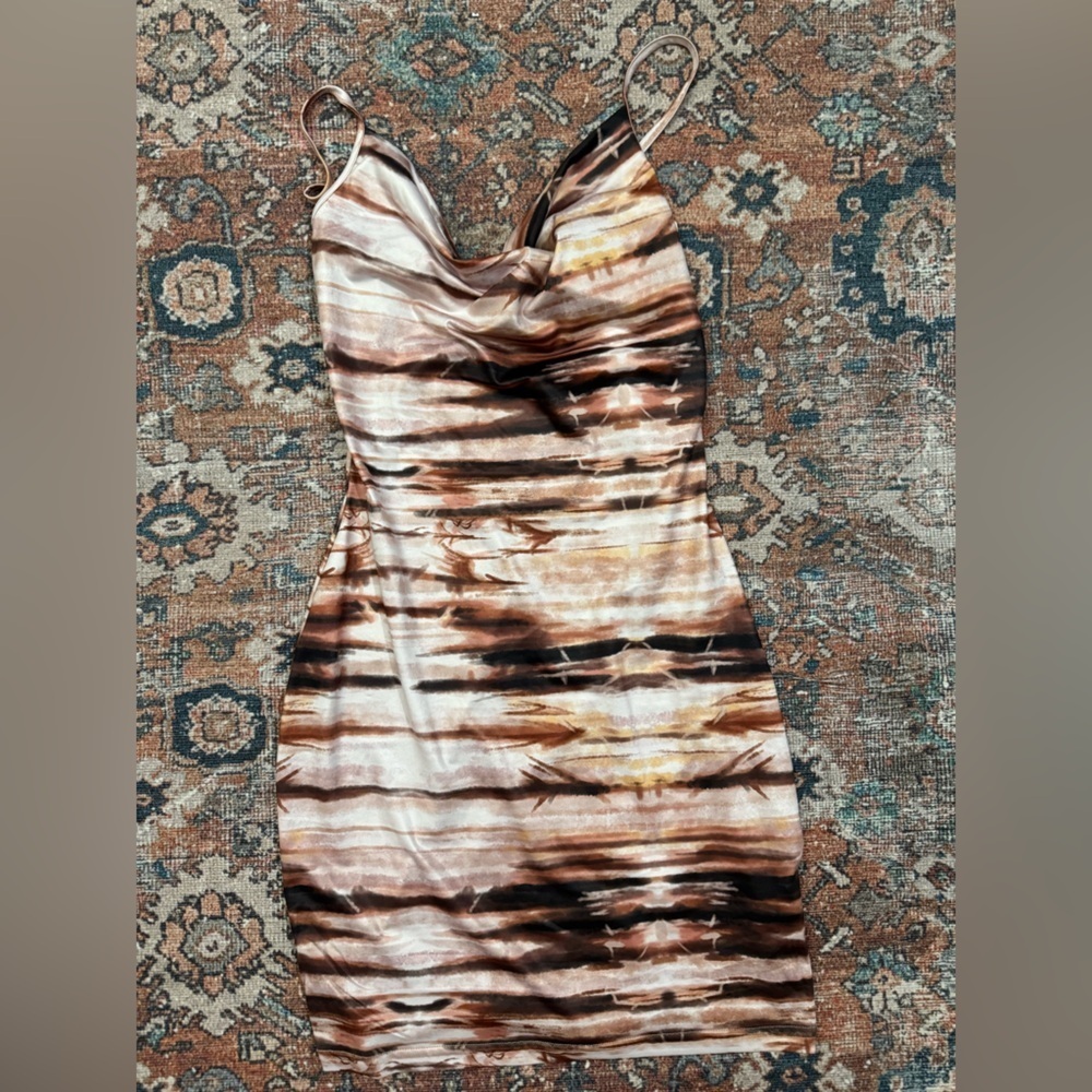 Femme La Striped Animal Print Y2K Brown and Cream Cowl Neck Mini Dress